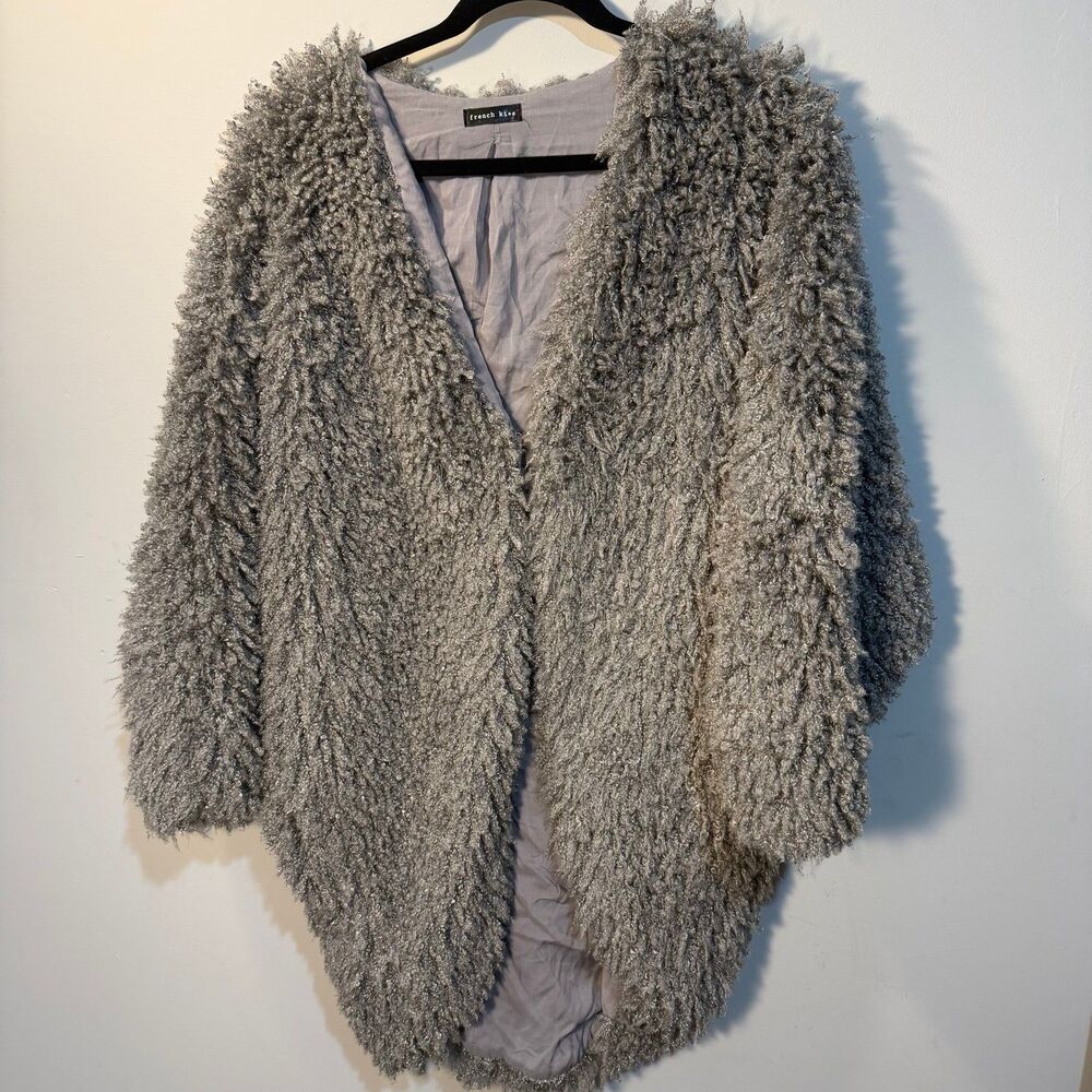 French Kiss, Grey Shaggy Faux Fur Open Front jacket, S/M
